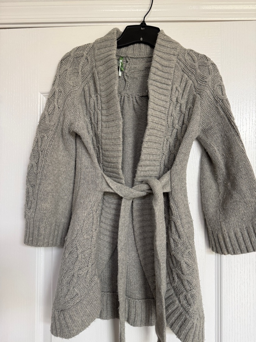 Beth Bowley Light Gray Cable-Knit Belted Cardigan